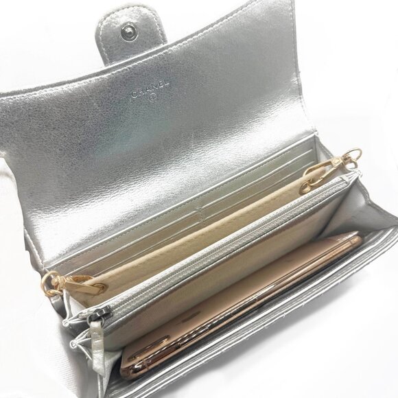 Authentic CHANEL CC Chevron Timeless Caviar Flap Wallet Chain Purse Silver Bag - Picture 8 of 14